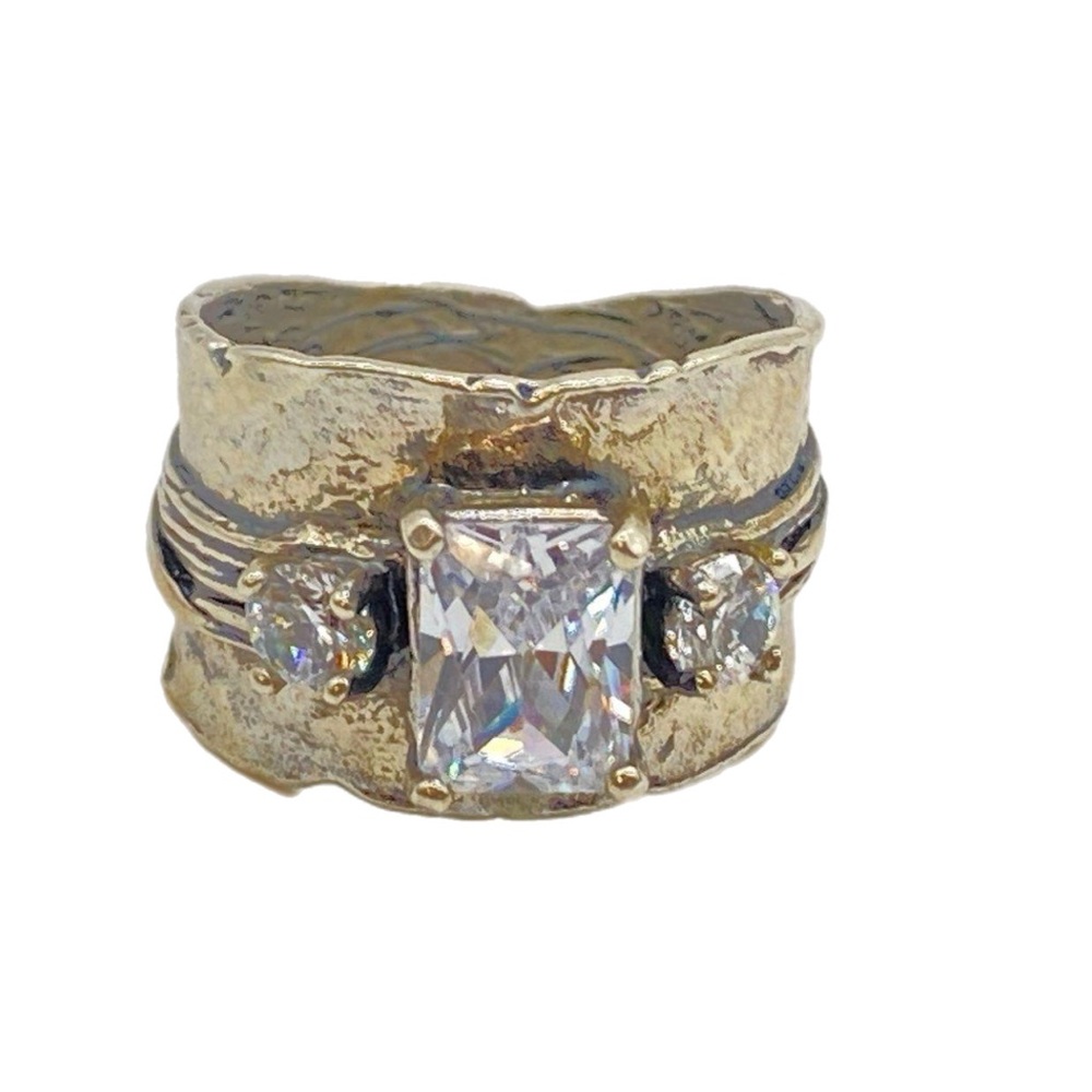 IL Hammered 925 Sterling Silver & Cubic Zirconia Modernist Ring Sz 7